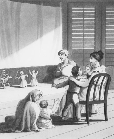 Kaut Pootlies, avagy bábok, bennszülött zsonglőrök által az európai gyerekek szórakoztatására kiállítva, 18. tábla, „Az európai Indiában”, 1813 (akvatinta) alkotó: Charles d Oyly